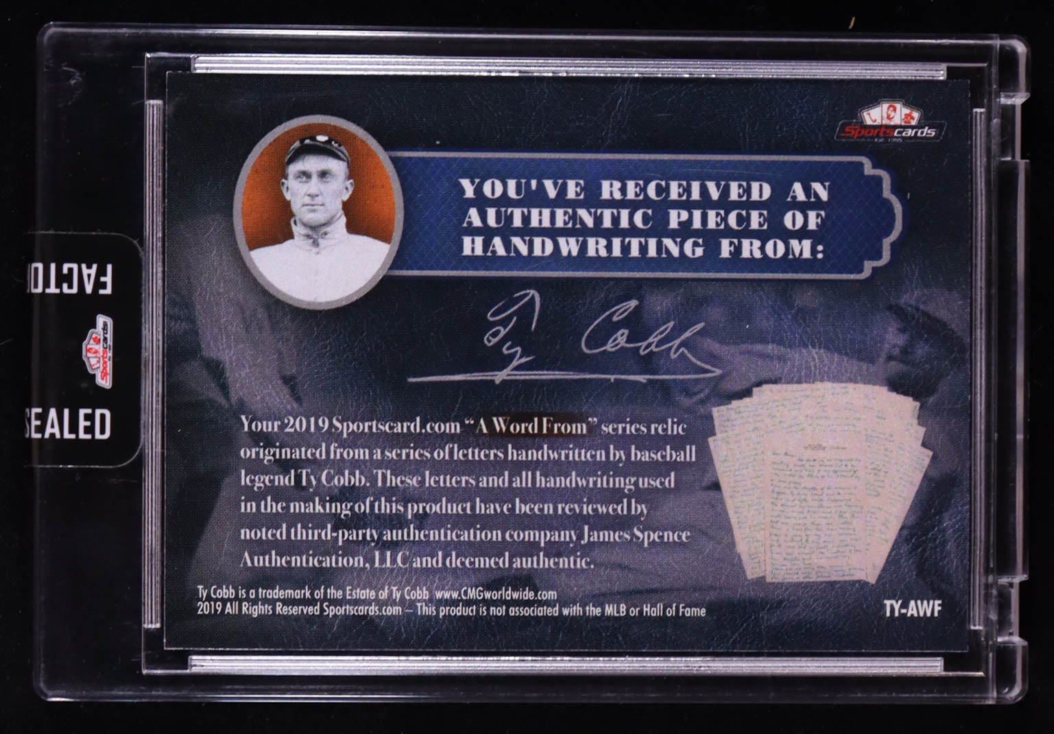Ty Cobb 2019 Sportscards.com "A Word From" Authentic Handwriting #TYAWF at PristineAuction.com Ty Cobb 2019 Sportscards.com "A Word From" Authentic Handwriting #TYAWF at PristineAuction.com