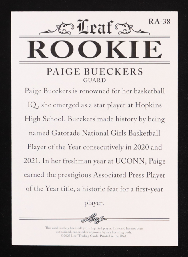 Paige Bueckers 2023 Leaf Special Release Rookie Achievement #RA38 RC at PristineAuction.com Paige Bueckers 2023 Leaf Special Release Rookie Achievement #RA38 RC at PristineAuction.com