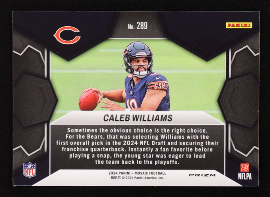 Caleb Williams 2024 Panini Mosaic Mosaic Green DEB #289 RC at PristineAuction.com Caleb Williams 2024 Panini Mosaic Mosaic Green DEB #289 RC at PristineAuction.com