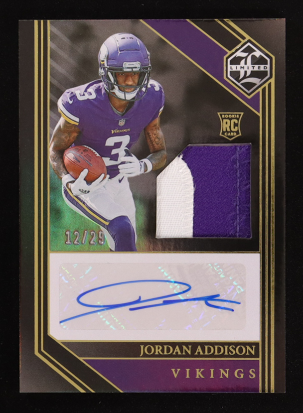 Jordan Addison 2023 Limited Holographic Spotlight #120 Jersey Autograph EXCH RC #12/29 at PristineAuction.com Jordan Addison 2023 Limited Holographic Spotlight #120 Jersey Autograph EXCH RC #12/29 at PristineAuction.com