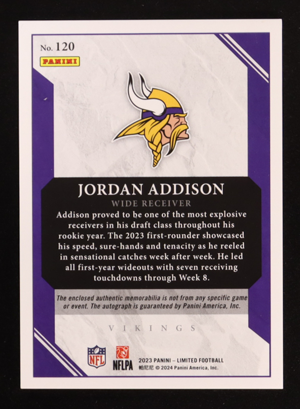 Jordan Addison 2023 Limited Holographic Spotlight #120 Jersey Autograph EXCH RC #12/29 at PristineAuction.com Jordan Addison 2023 Limited Holographic Spotlight #120 Jersey Autograph EXCH RC #12/29 at PristineAuction.com