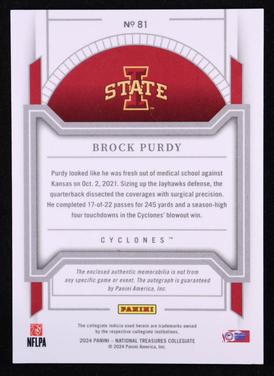 Brock Purdy 2024 Panini National Treasures Collegiate Blue Jersey Autograph #81 #17/49 at PristineAuction.com Brock Purdy 2024 Panini National Treasures Collegiate Blue Jersey Autograph #81 #17/49 at PristineAuction.com