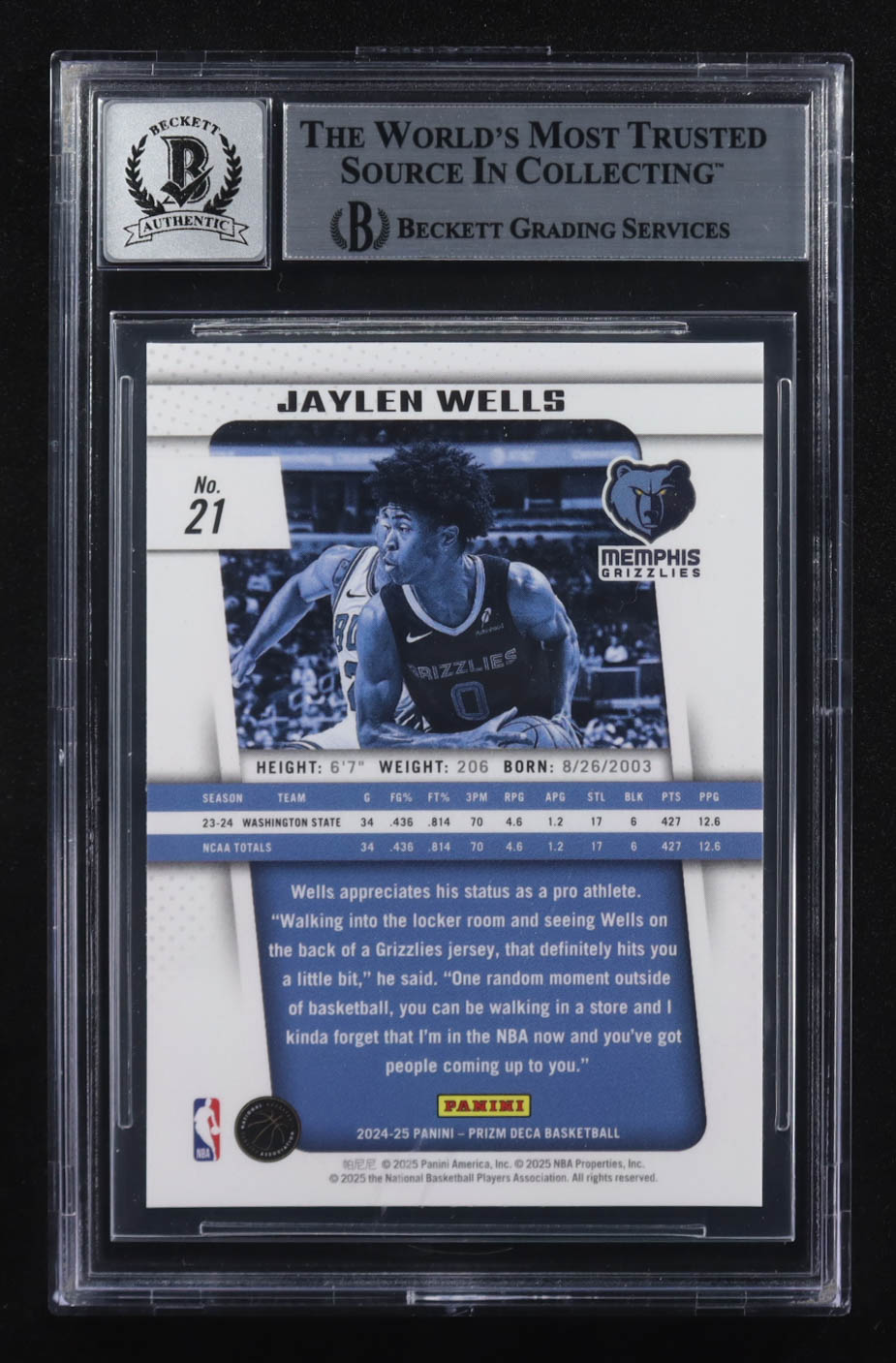 Jaylen Wells Signed 2024-25 Panini Prizm #21 RC (BGS | Autograph Graded BGS 10) at PristineAuction.com Jaylen Wells Signed 2024-25 Panini Prizm #21 RC (BGS | Autograph Graded BGS 10) at PristineAuction.com