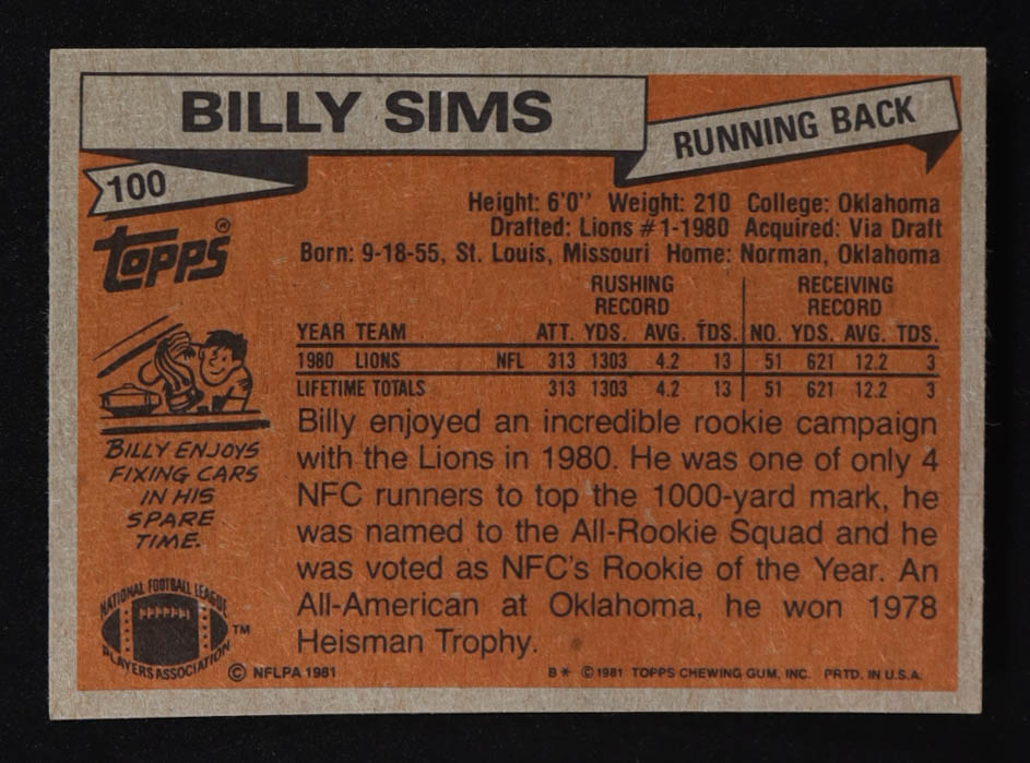 Billy Sims 1981 Topps #100 AP RC at PristineAuction.com Billy Sims 1981 Topps #100 AP RC at PristineAuction.com