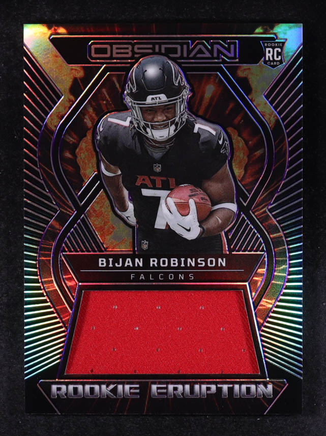Bijan Robinson 2023 Panini Obsidian Rookie Eruption Materials Electric Etch Purple #40 #18/75 RC at PristineAuction.com Bijan Robinson 2023 Panini Obsidian Rookie Eruption Materials Electric Etch Purple #40 #18/75 RC at PristineAuction.com