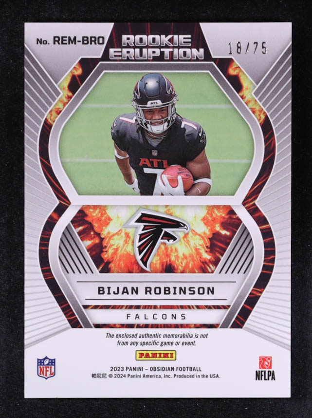Bijan Robinson 2023 Panini Obsidian Rookie Eruption Materials Electric Etch Purple #40 #18/75 RC at PristineAuction.com Bijan Robinson 2023 Panini Obsidian Rookie Eruption Materials Electric Etch Purple #40 #18/75 RC at PristineAuction.com