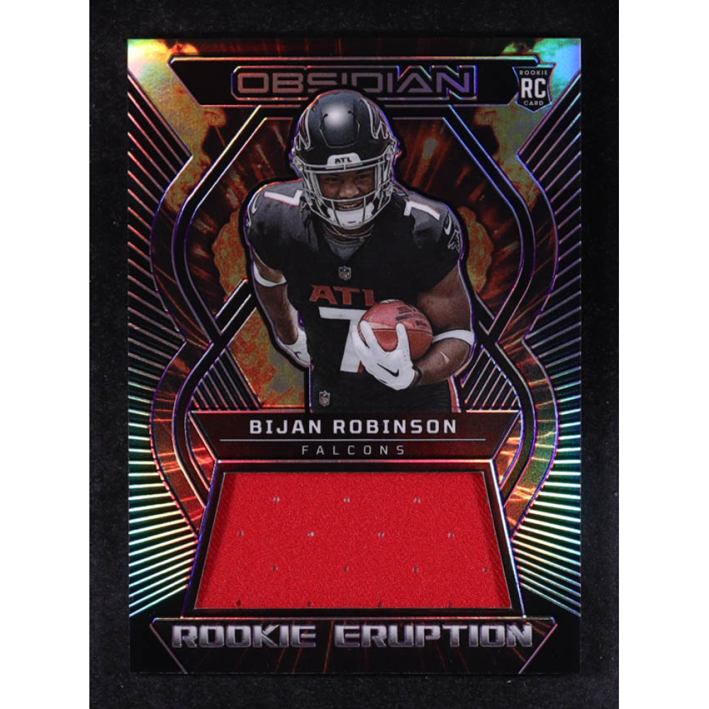 Bijan Robinson 2023 Panini Obsidian Rookie Eruption Materials Electric Etch Purple #40 #18/75 RC at PristineAuction.com