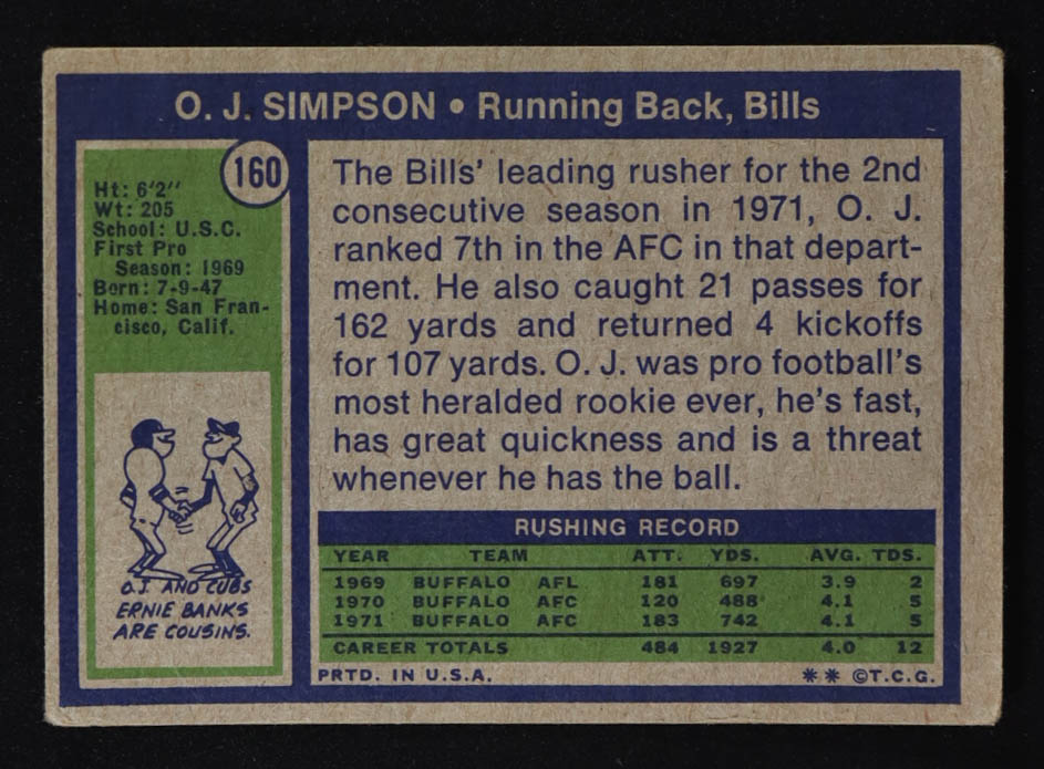 O.J. Simpson 1972 Topps #160 at PristineAuction.com O.J. Simpson 1972 Topps #160 at PristineAuction.com