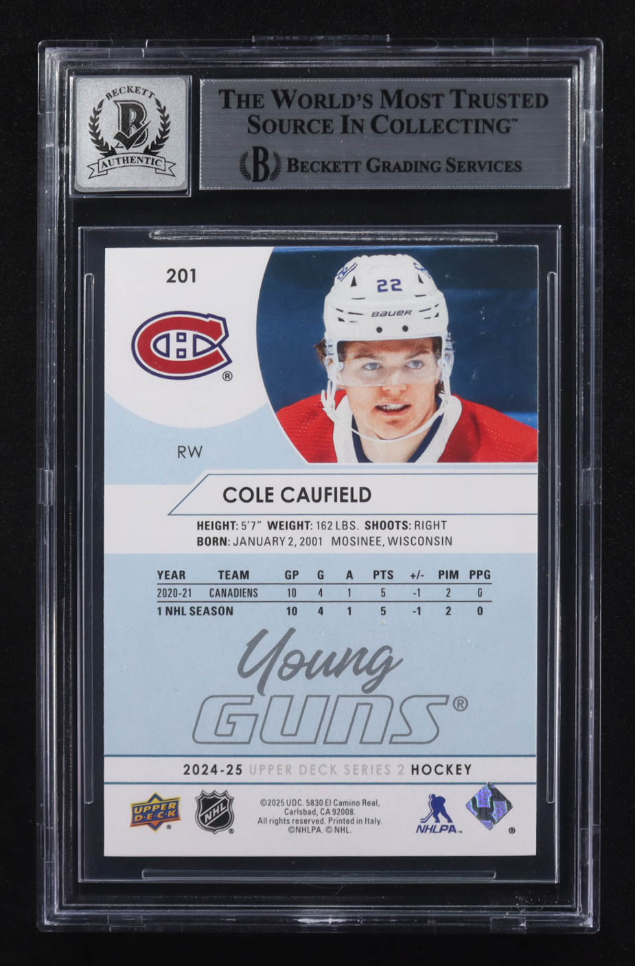 Cole Caufield Signed 2024-25 Upper Deck Young Guns Renewed Series 2 #201 (BGS | Autograph Graded BGS 10) at PristineAuction.com Cole Caufield Signed 2024-25 Upper Deck Young Guns Renewed Series 2 #201 (BGS | Autograph Graded BGS 10) at PristineAuction.com