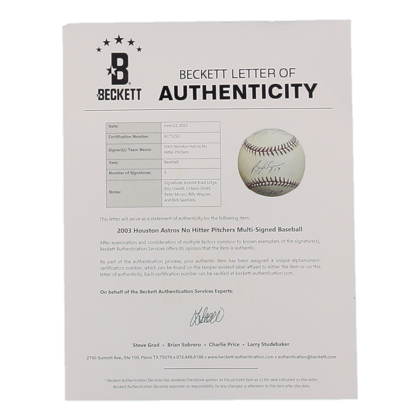 OAL Baseball Hand-Signed by (6) with Brad Lidge, Roy Oswalt, Octavio Dotel, Peter Munro (JSA) at PristineAuction.com OAL Baseball Hand-Signed by (6) with Brad Lidge, Roy Oswalt, Octavio Dotel, Peter Munro (JSA) at PristineAuction.com