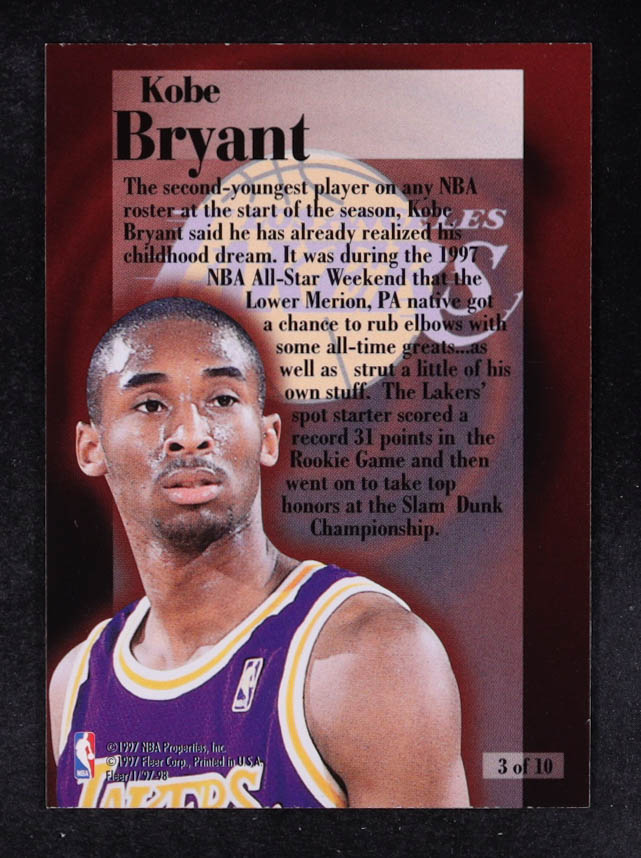 Kobe Bryant 1997-98 Fleer Rookie Rewind #3 at PristineAuction.com Kobe Bryant 1997-98 Fleer Rookie Rewind #3 at PristineAuction.com