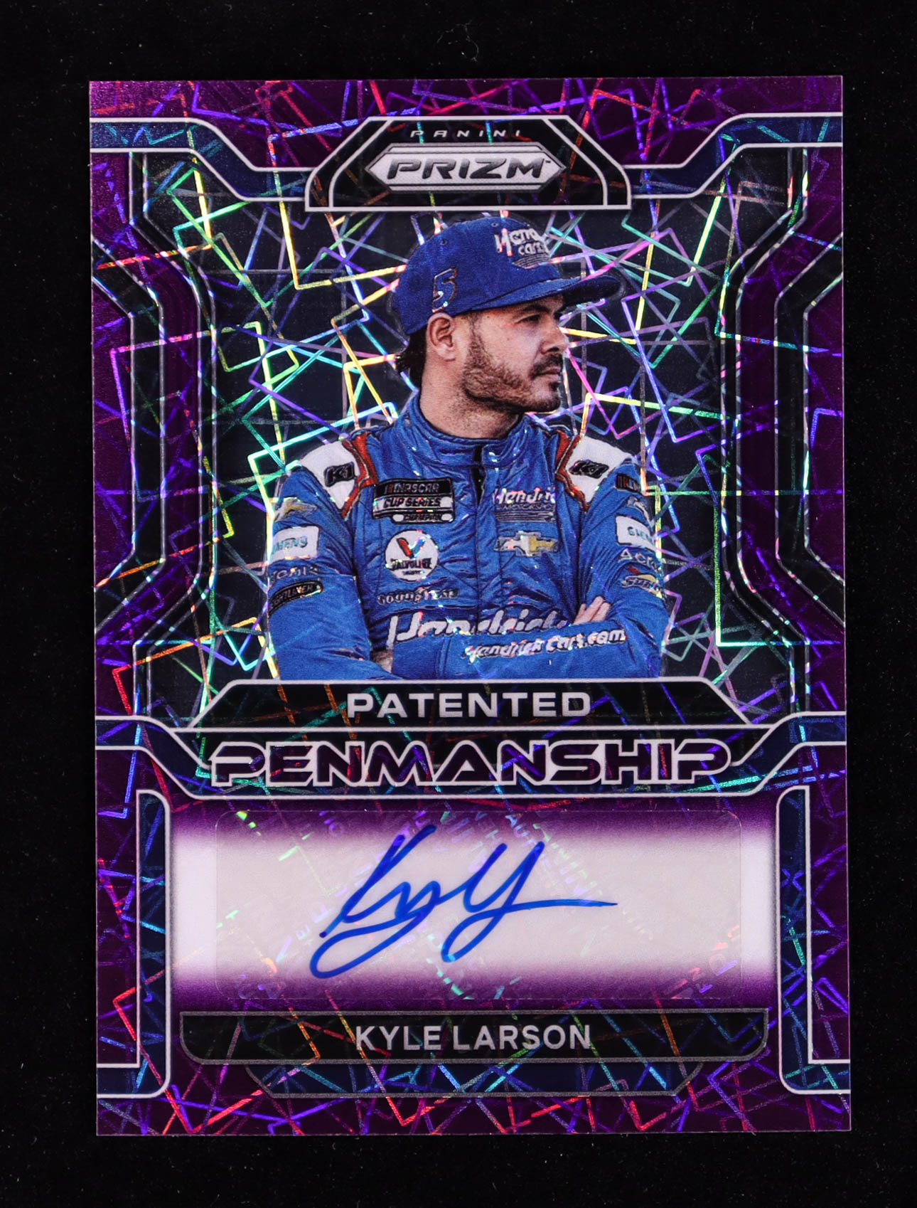 Kyle Larson 2022 Panini Prizm Patented Penmanship Prizms Purple Velocity #11 #52/75 at PristineAuction.com Kyle Larson 2022 Panini Prizm Patented Penmanship Prizms Purple Velocity #11 #52/75 at PristineAuction.com
