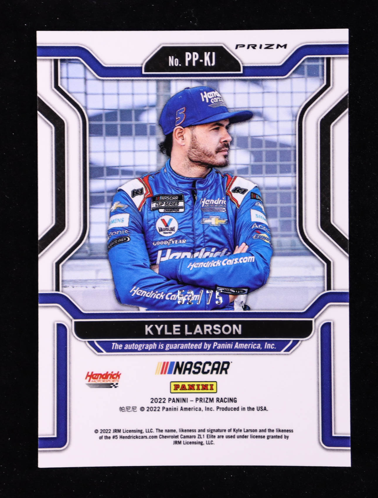 Kyle Larson 2022 Panini Prizm Patented Penmanship Prizms Purple Velocity #11 #52/75 at PristineAuction.com Kyle Larson 2022 Panini Prizm Patented Penmanship Prizms Purple Velocity #11 #52/75 at PristineAuction.com