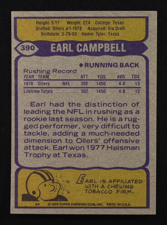 Earl Campbell 1979 Topps #390 RC at PristineAuction.com Earl Campbell 1979 Topps #390 RC at PristineAuction.com
