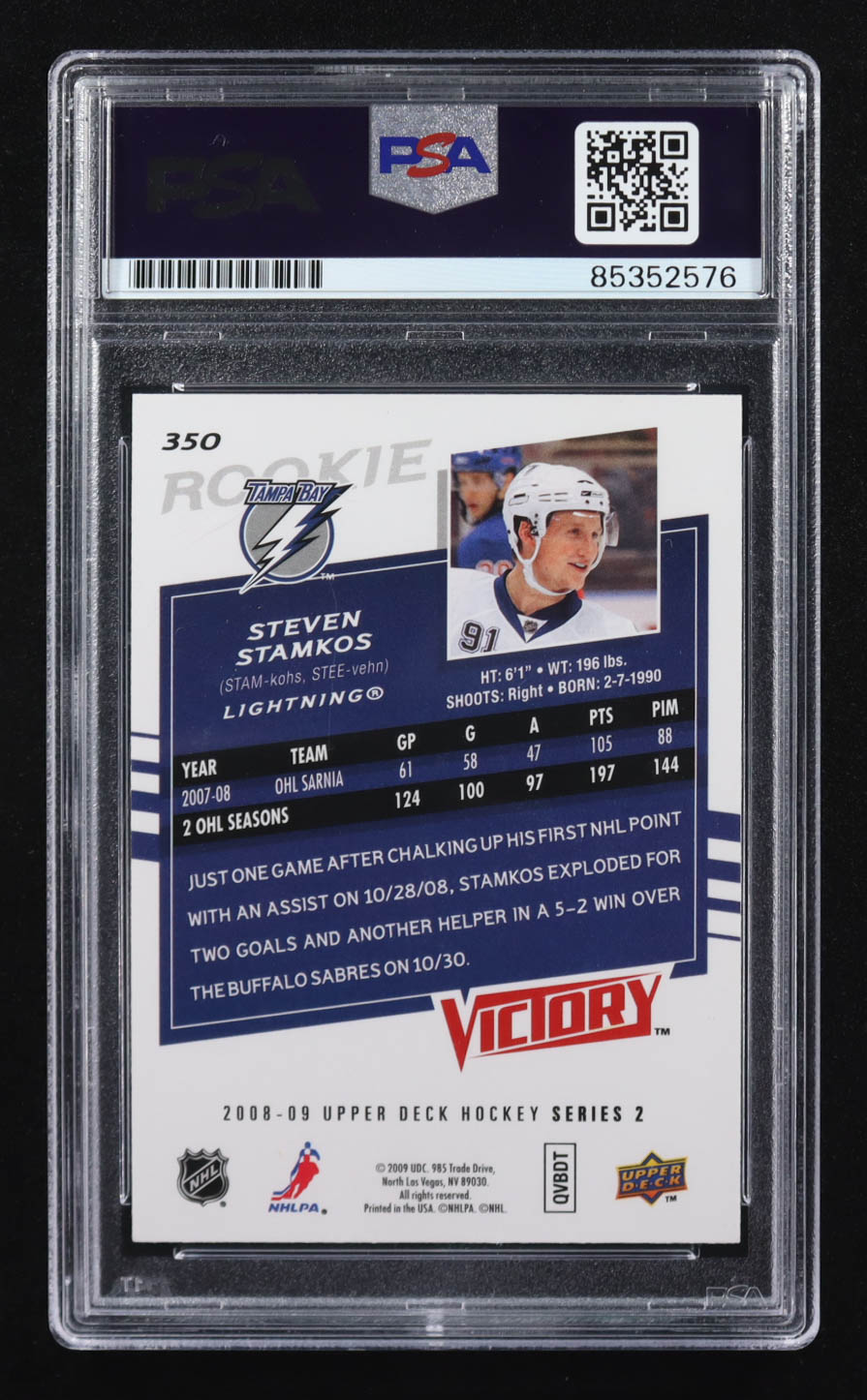 Steven Stamkos Signed 2008-09 Upper Deck Series 2 Victory #350 RC (PSA | Autograph Graded PSA 10) at PristineAuction.com Steven Stamkos Signed 2008-09 Upper Deck Series 2 Victory #350 RC (PSA | Autograph Graded PSA 10) at PristineAuction.com