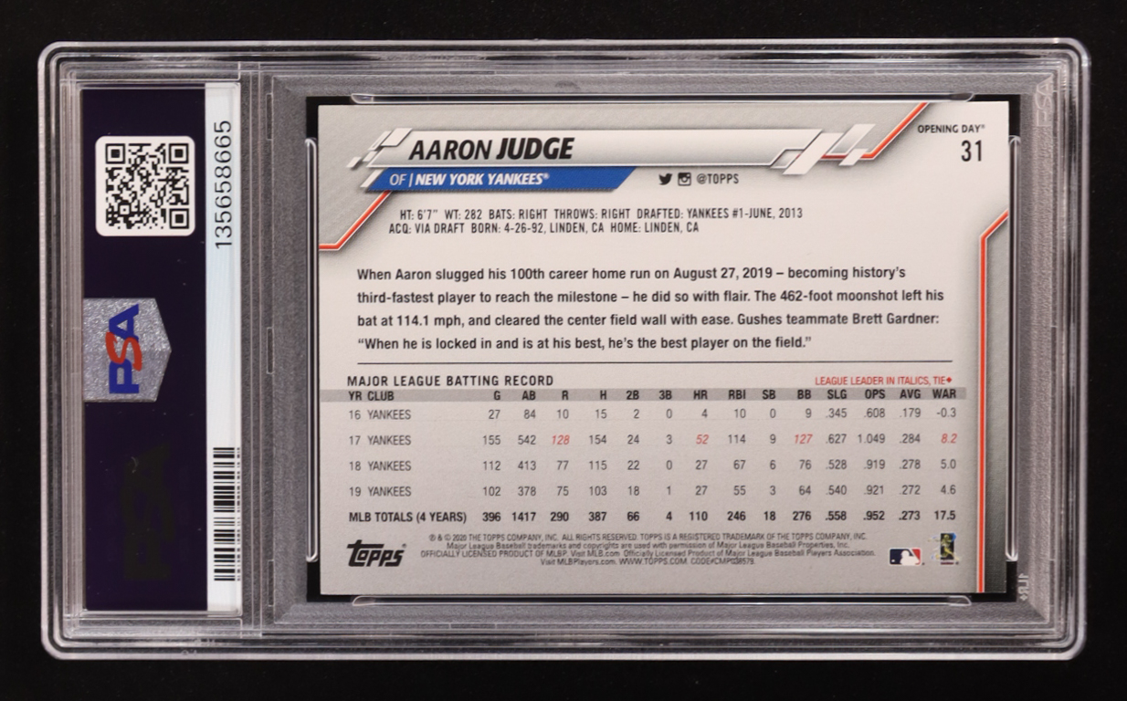Aaron Judge 2020 Topps Opening Day Red Foil #31 (PSA 9) at PristineAuction.com Aaron Judge 2020 Topps Opening Day Red Foil #31 (PSA 9) at PristineAuction.com