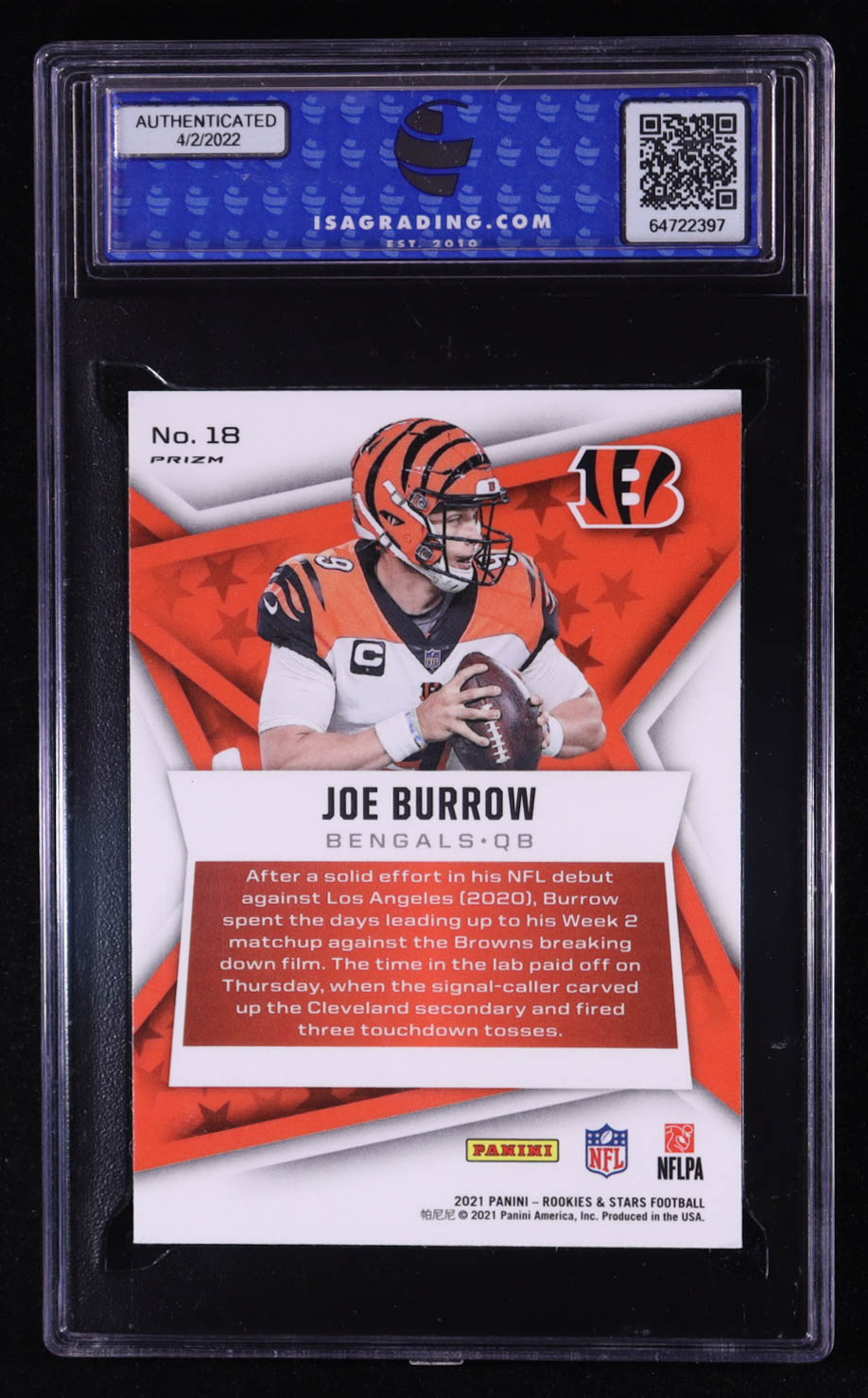 Joe Burrow 2021 Panini Rookies & Stars Pulsar Prizm #18 (ISA 10) at PristineAuction.com Joe Burrow 2021 Panini Rookies & Stars Pulsar Prizm #18 (ISA 10) at PristineAuction.com