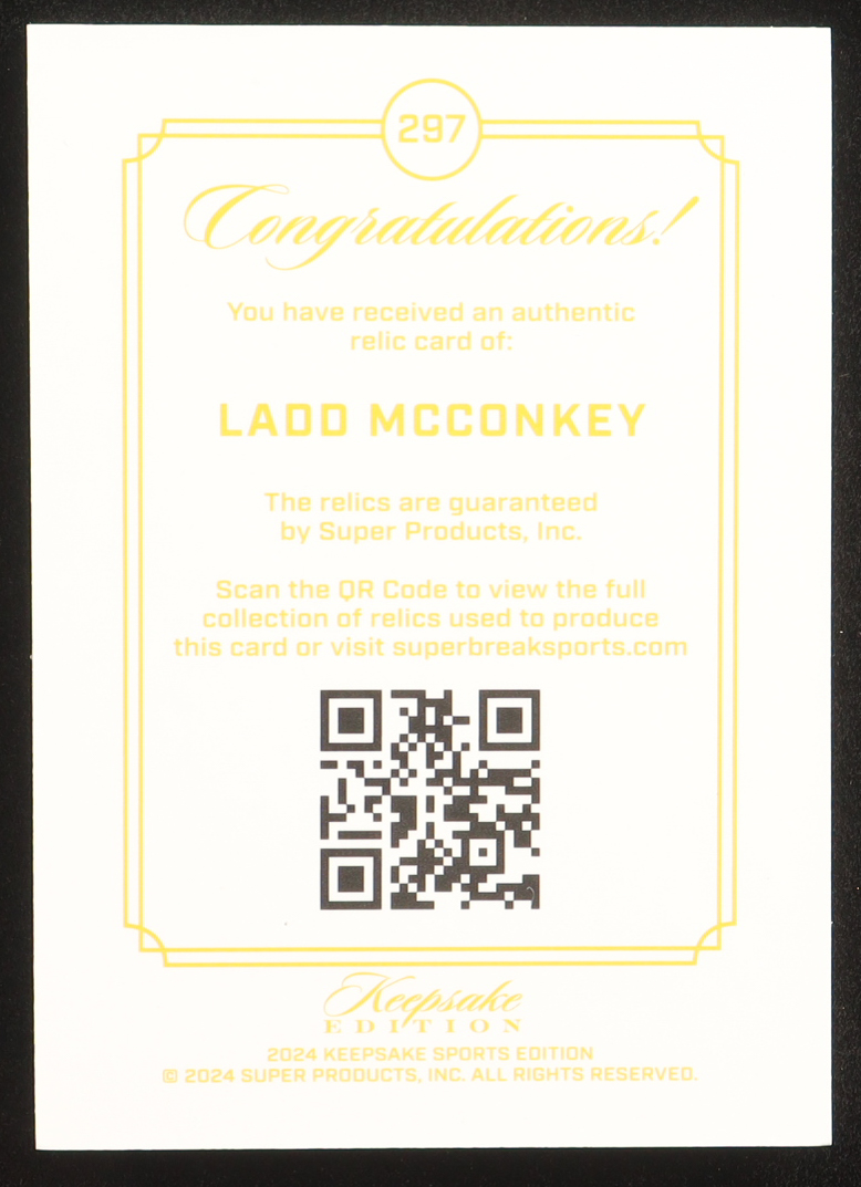 Ladd McConkey 2024 Keepsake Edition Gem Relic #297 #83/99 RC at PristineAuction.com Ladd McConkey 2024 Keepsake Edition Gem Relic #297 #83/99 RC at PristineAuction.com