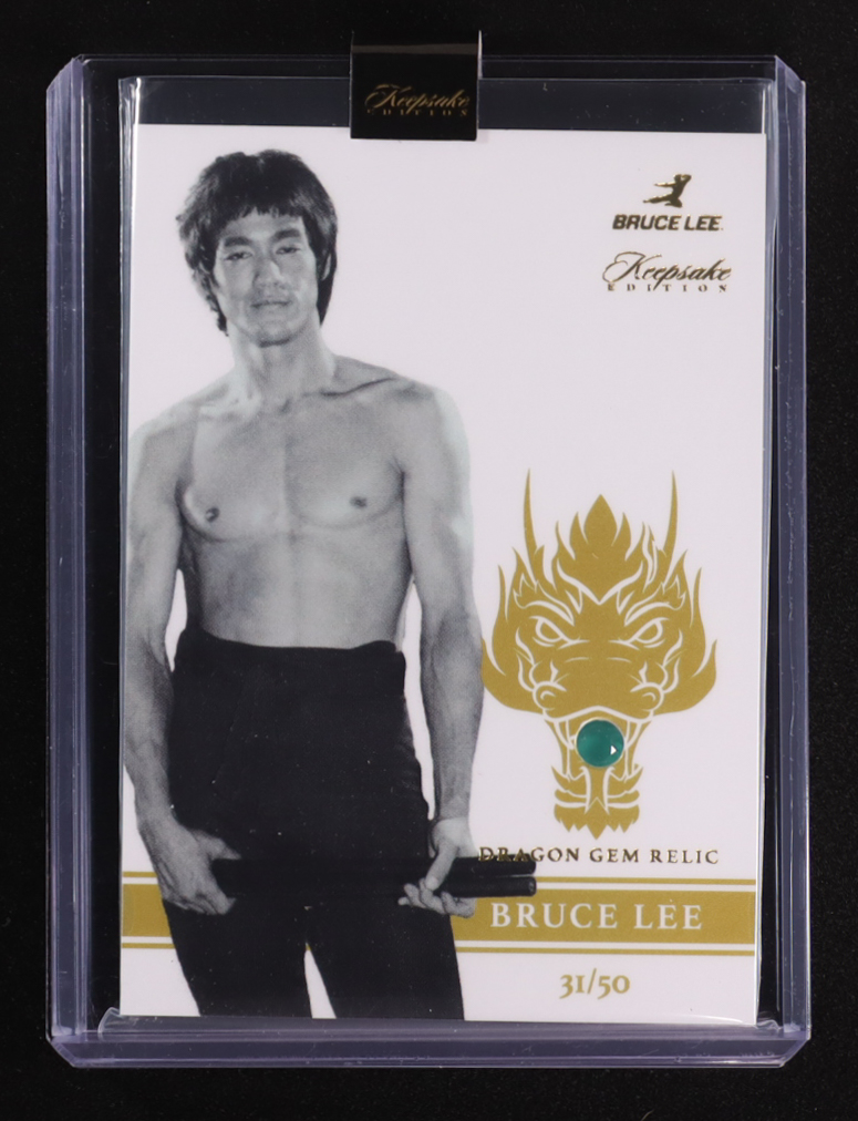 Bruce Lee 2024 Keepsake 50th Anniversary Edition Dragon Gem Green Onyx Relic #31/50 at PristineAuction.com Bruce Lee 2024 Keepsake 50th Anniversary Edition Dragon Gem Green Onyx Relic #31/50 at PristineAuction.com