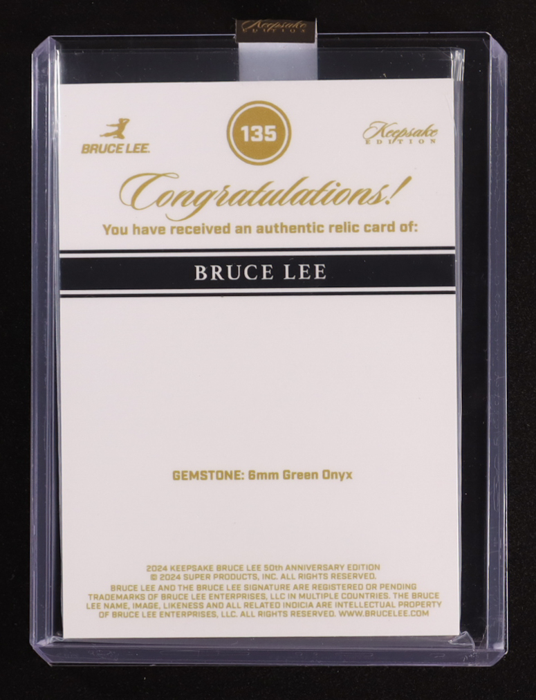 Bruce Lee 2024 Keepsake 50th Anniversary Edition Dragon Gem Green Onyx Relic #31/50 at PristineAuction.com Bruce Lee 2024 Keepsake 50th Anniversary Edition Dragon Gem Green Onyx Relic #31/50 at PristineAuction.com