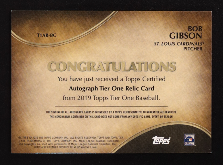 Bob Gibson 2019 Topps Tier One Autograph Relics #T1ATRBG #36/40 at PristineAuction.com Bob Gibson 2019 Topps Tier One Autograph Relics #T1ATRBG #36/40 at PristineAuction.com