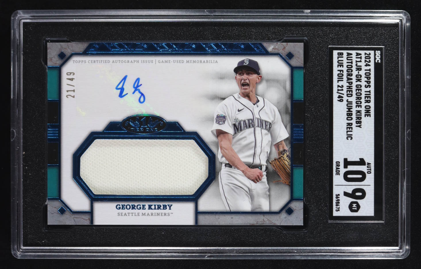 George Kirby 2024 Topps Tier One Jumbo Relic Blue Foil Autographs #AT1JR-GK #21/49 (SGC 9 | Autograph Graded SGC 10) at PristineAuction.com George Kirby 2024 Topps Tier One Jumbo Relic Blue Foil Autographs #AT1JR-GK #21/49 (SGC 9 | Autograph Graded SGC 10) at PristineAuction.com