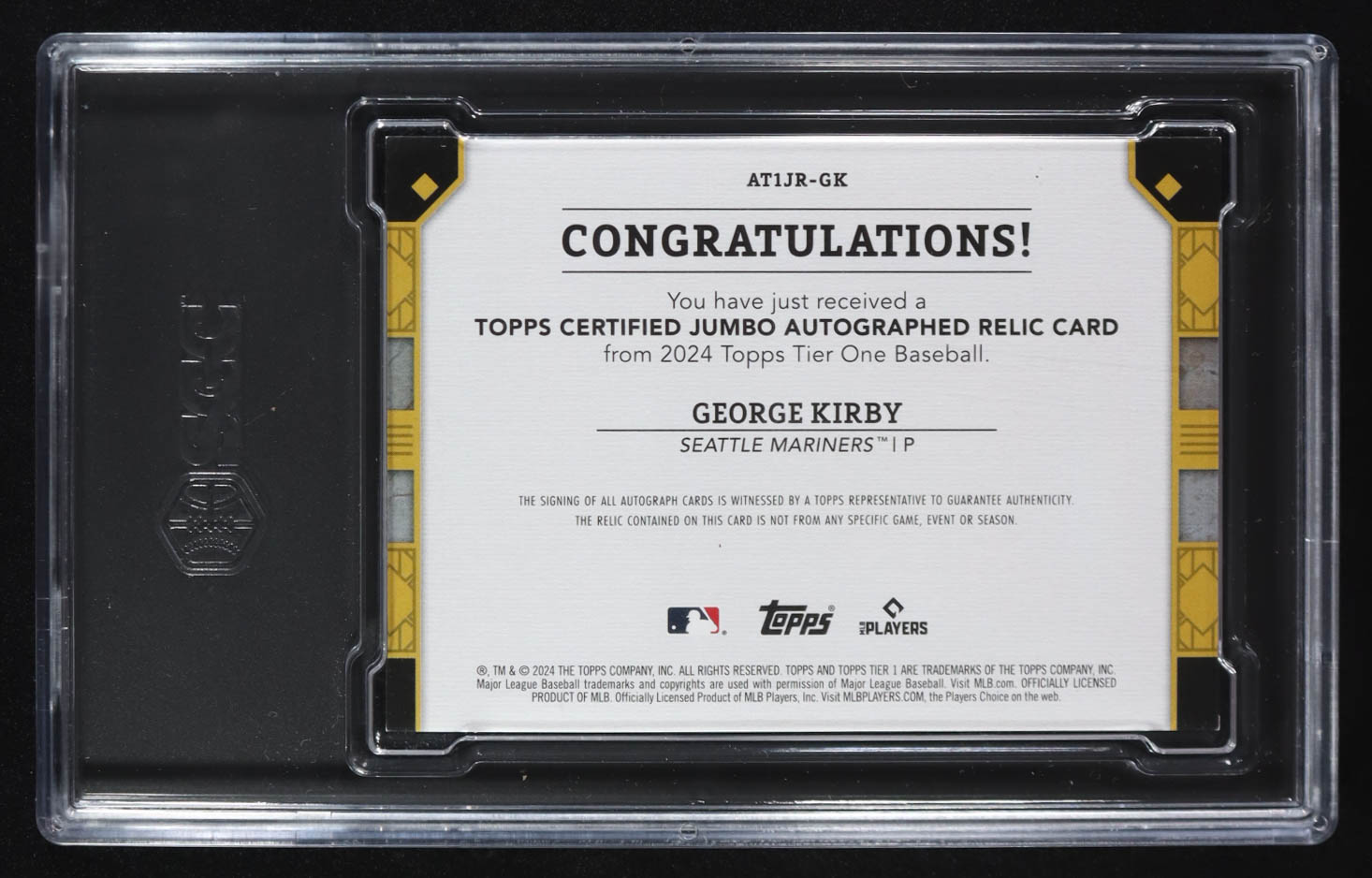George Kirby 2024 Topps Tier One Jumbo Relic Blue Foil Autographs #AT1JR-GK #21/49 (SGC 9 | Autograph Graded SGC 10) at PristineAuction.com George Kirby 2024 Topps Tier One Jumbo Relic Blue Foil Autographs #AT1JR-GK #21/49 (SGC 9 | Autograph Graded SGC 10) at PristineAuction.com