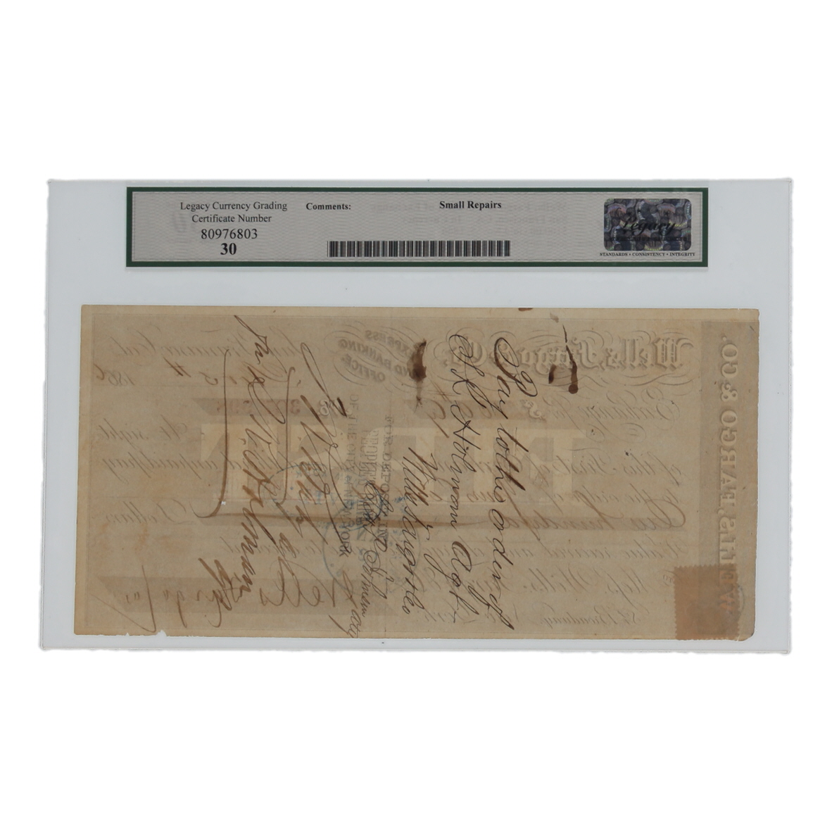 1866 San Francisco, Wells, Fargo & Co. First of Exchange $100 In Currency Certificate (Legacy 30 VF) at PristineAuction.com 1866 San Francisco, Wells, Fargo & Co. First of Exchange $100 In Currency Certificate (Legacy 30 VF) at PristineAuction.com