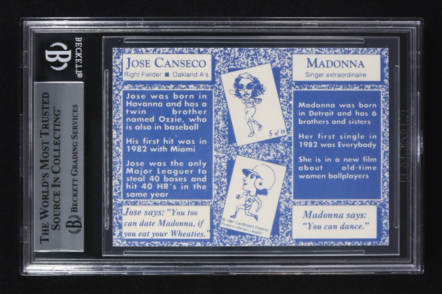 Jose Canseco / Madonna Signed Unlicensed Trading Card (BGS) at PristineAuction.com Jose Canseco / Madonna Signed Unlicensed Trading Card (BGS) at PristineAuction.com