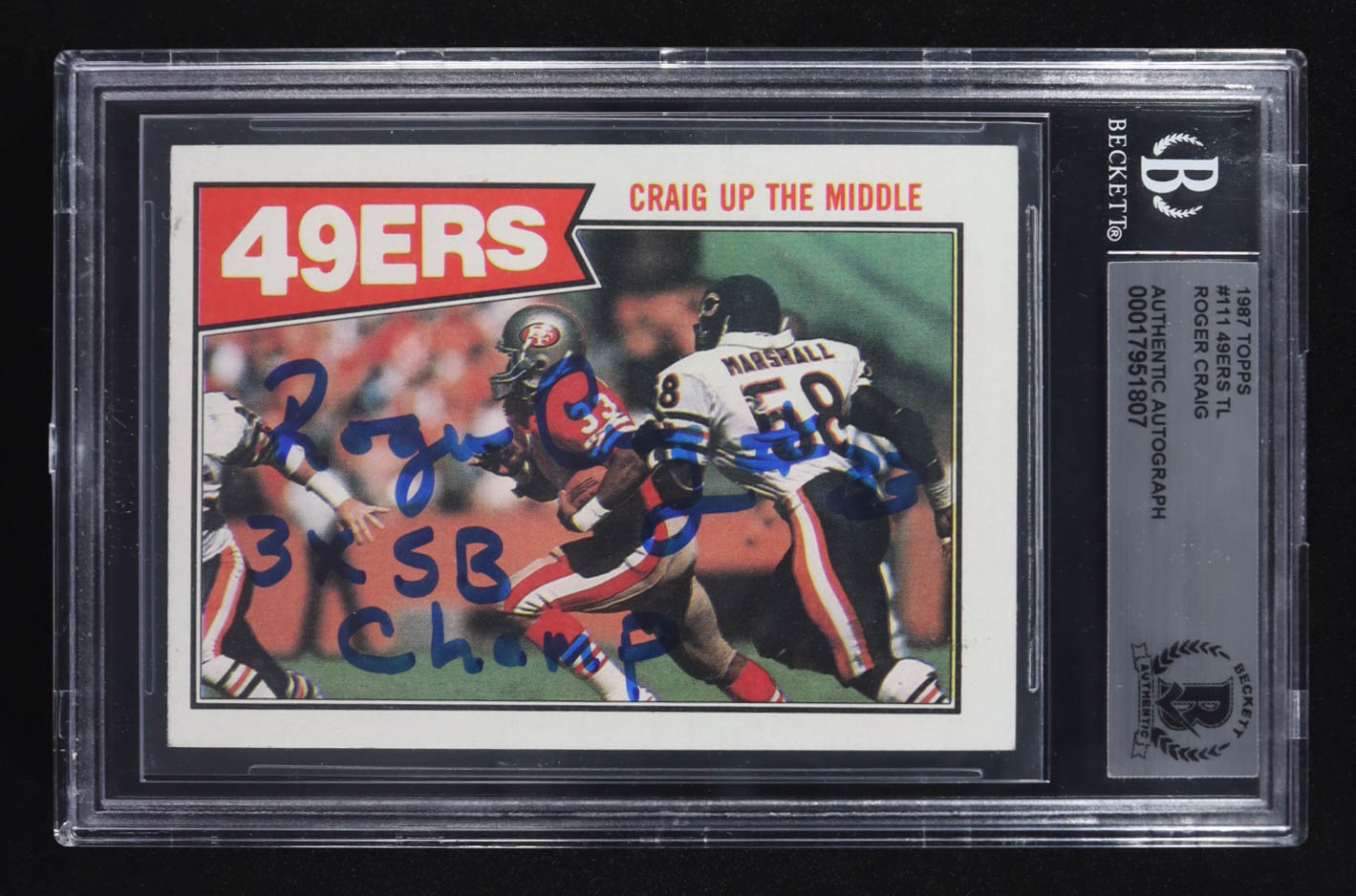Roger Craig Signed 1987 Topps 49ers TL Inscribed "3x SB Champ" #111 (BGS) at PristineAuction.com Roger Craig Signed 1987 Topps 49ers TL Inscribed "3x SB Champ" #111 (BGS) at PristineAuction.com