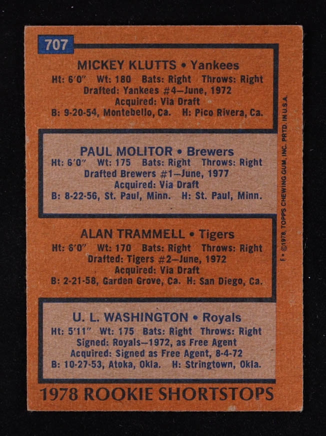 Mickey Klutts / Paul Molitor RC / Alan Trammell RC / U.L. Washington RC 1978 Topps Rookie Shortstops #707 at PristineAuction.com Mickey Klutts / Paul Molitor RC / Alan Trammell RC / U.L. Washington RC 1978 Topps Rookie Shortstops #707 at PristineAuction.com