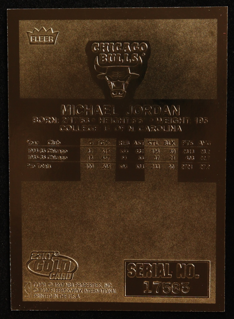 Michael Jordan 1997 Fleer 23KT Gold #NNO at PristineAuction.com Michael Jordan 1997 Fleer 23KT Gold #NNO at PristineAuction.com