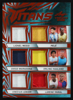 2025 Leaf Trinity Titans Memorabilia Orange #TT8 #1/5 Lionel Messi / Pele / Diego Maradona / Erling Haaland / Vinicius Junior / Lamine Yamal at PristineAuction.com
