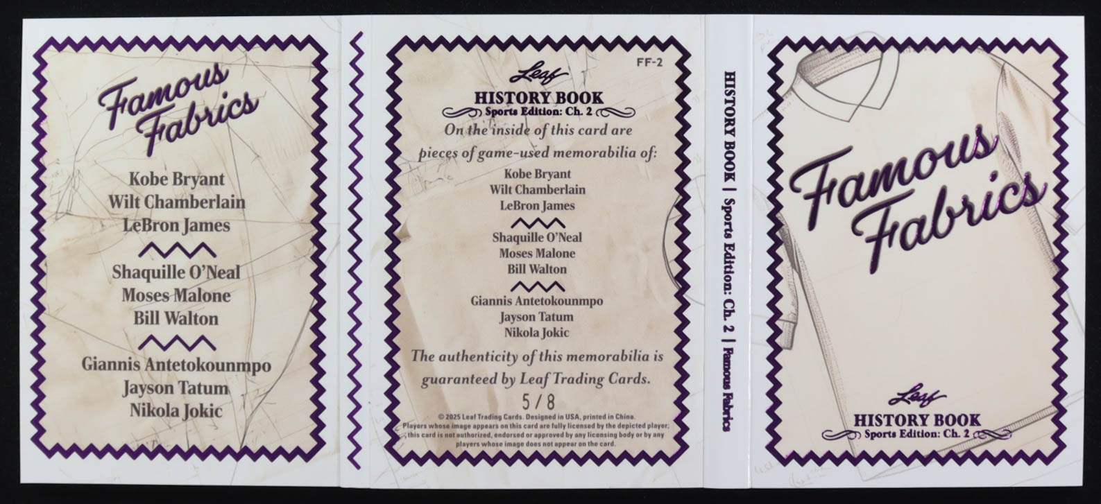 2025 Leaf History Book Sports Edition Chapter 2 Famous Fabrics Purple #FF2 #5/8 Kobe Bryant / Wilt Chamberlain / LeBron James / Shaquille O'Neal / Moses Malone / Bill Walton / Giannis Antetokounmpo / Jayson Tatum / Nikola Jokic at PristineAuction.com 2025 Leaf History Book Sports Edition Chapter 2 Famous Fabrics Purple #FF2 #5/8 Kobe Bryant / Wilt Chamberlain / LeBron James / Shaquille O'Neal / Moses Malone / Bill Walton / Giannis Antetokounmpo / Jayson Tatum / Nikola Jokic at PristineAuction.com