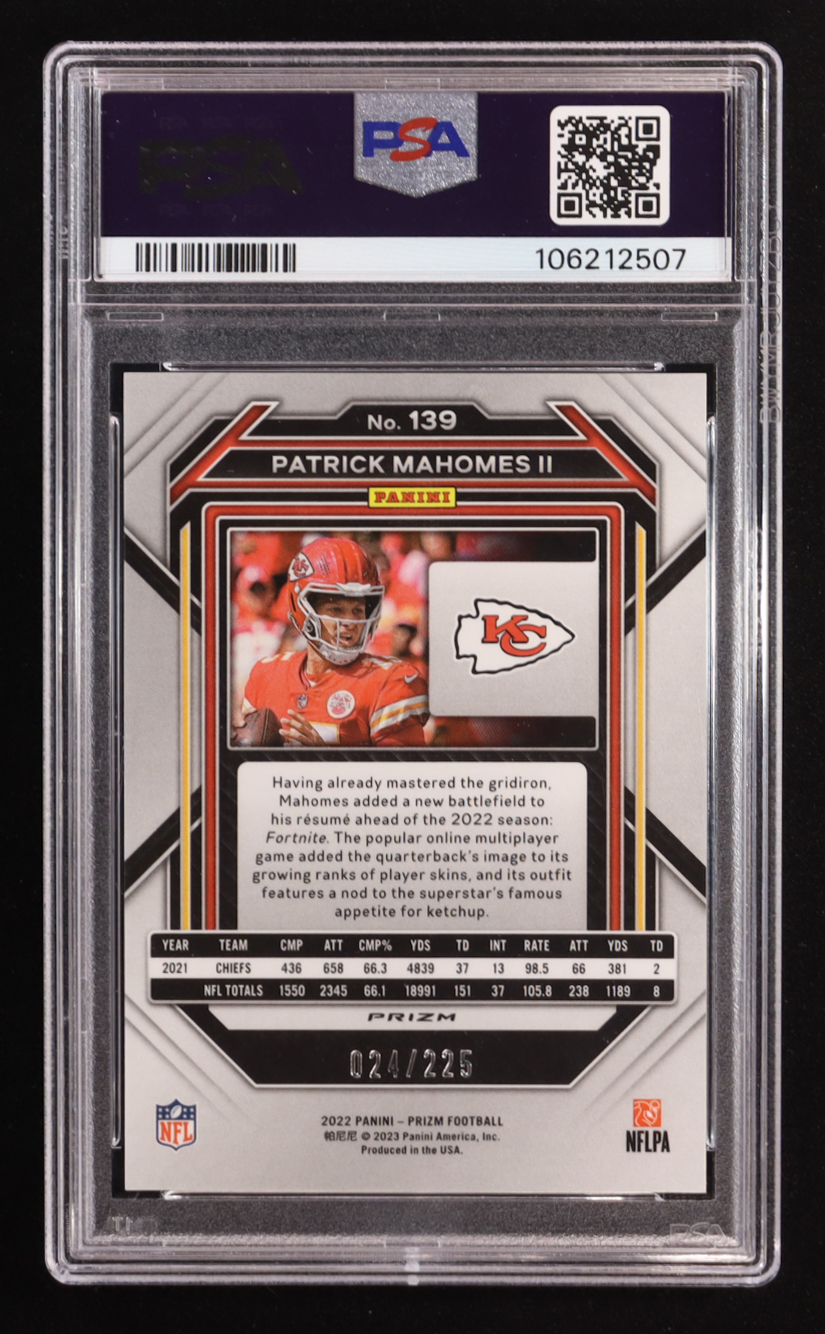 Patrick Mahomes II 2022 Panini Prizm Prizms Purple Ice #139 #24/225 (PSA 9) at PristineAuction.com Patrick Mahomes II 2022 Panini Prizm Prizms Purple Ice #139 #24/225 (PSA 9) at PristineAuction.com