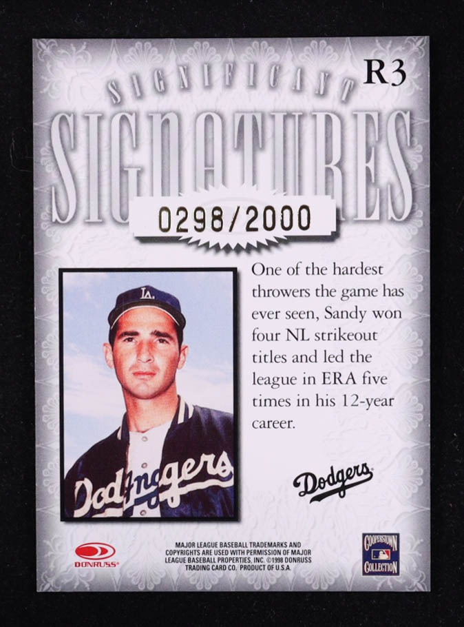 Sandy Koufax 1998 Donruss Signature Significant Signatures Refractors #R3 LA #0298/2000 at PristineAuction.com Sandy Koufax 1998 Donruss Signature Significant Signatures Refractors #R3 LA #0298/2000 at PristineAuction.com