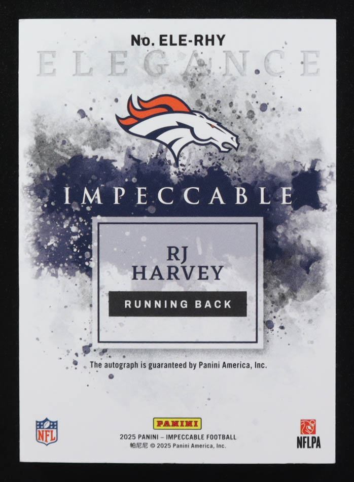 RJ Harvey 2025 Panini Impeccable Elegance Rookie Silver Autographs #10 #01/20 RC at PristineAuction.com RJ Harvey 2025 Panini Impeccable Elegance Rookie Silver Autographs #10 #01/20 RC at PristineAuction.com