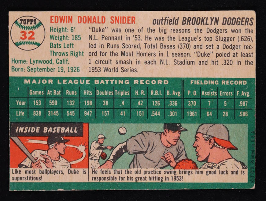 Duke Snider 1954 Topps #32 at PristineAuction.com Duke Snider 1954 Topps #32 at PristineAuction.com