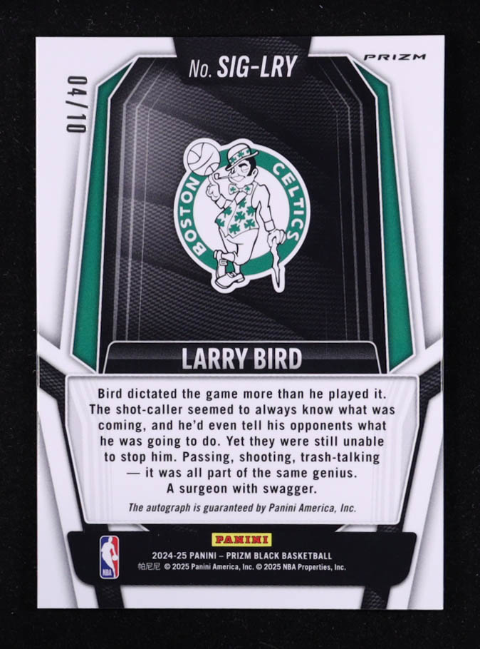 Larry Bird 2024-25 Panini Prizm Black Signatures Prizms Gold #46 #04/10 at PristineAuction.com Larry Bird 2024-25 Panini Prizm Black Signatures Prizms Gold #46 #04/10 at PristineAuction.com