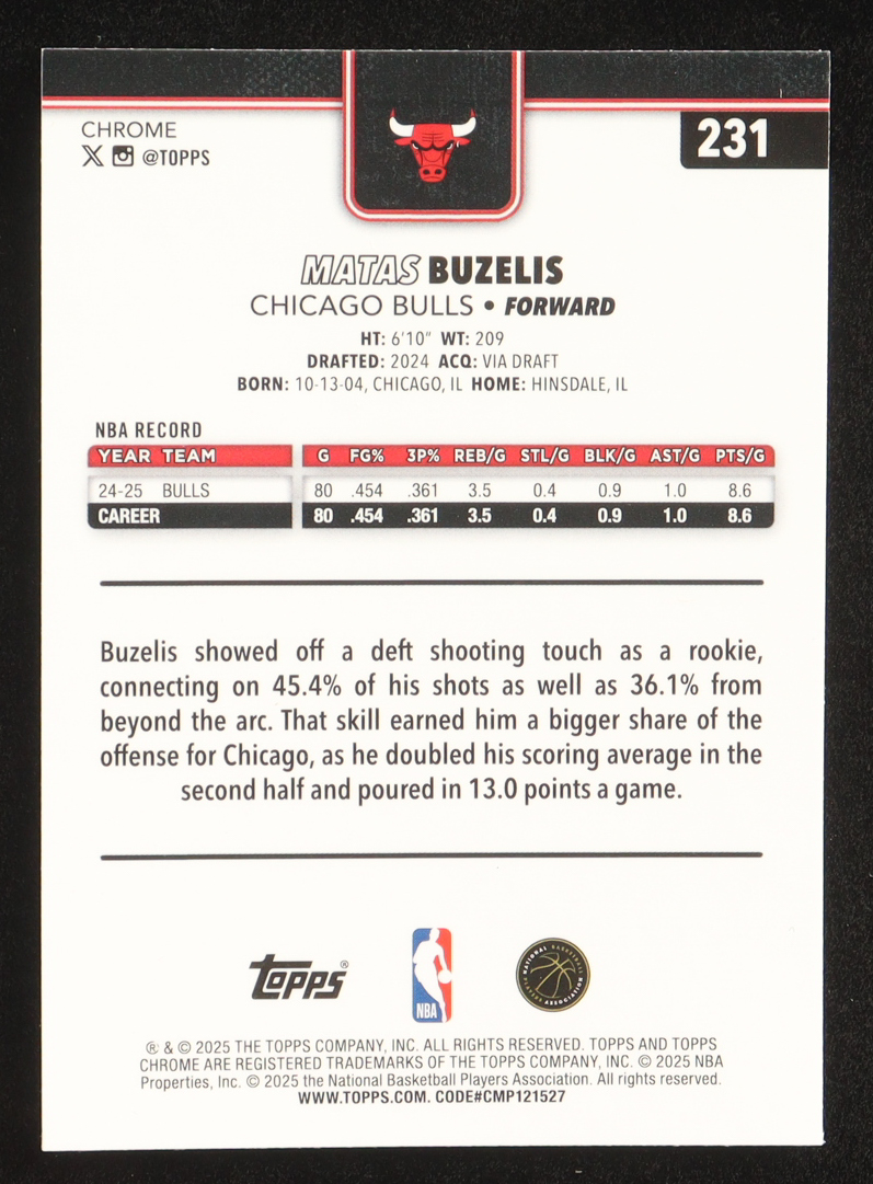 Matas Buzelis 2025-26 Topps Chrome X-Fractors #231 at PristineAuction.com Matas Buzelis 2025-26 Topps Chrome X-Fractors #231 at PristineAuction.com