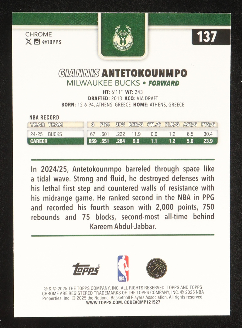 Giannis Antetokounmpo 2025-26 Topps Chrome #137 at PristineAuction.com Giannis Antetokounmpo 2025-26 Topps Chrome #137 at PristineAuction.com