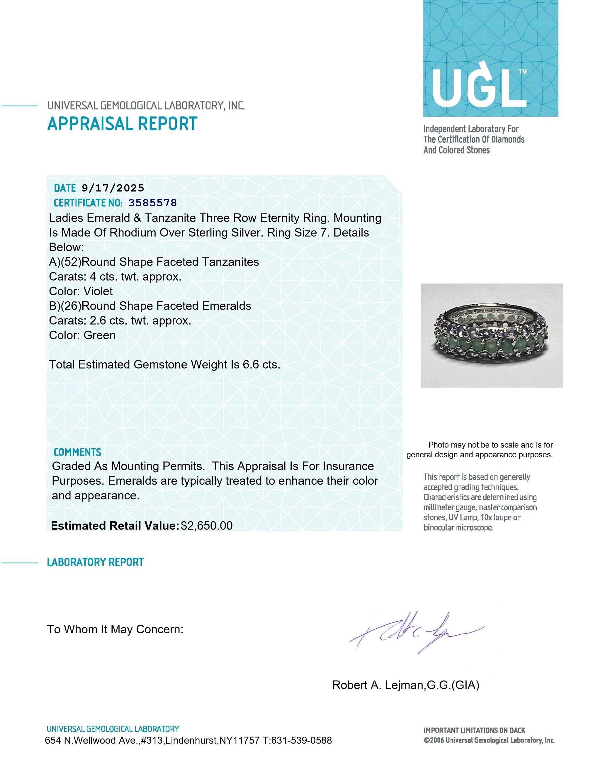 6.60 Carats Emerald & Tanzanite Eternity Ring | $2,650 Estimated Retail Value (UGL Cert) | Brand New at PristineAuction.com 6.60 Carats Emerald & Tanzanite Eternity Ring | $2,650 Estimated Retail Value (UGL Cert) | Brand New at PristineAuction.com