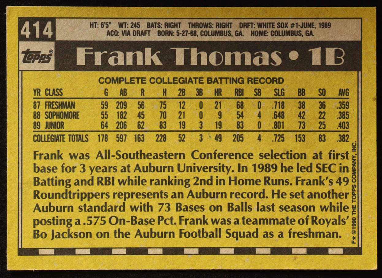 Frank Thomas 1990 Topps #414 RC at PristineAuction.com Frank Thomas 1990 Topps #414 RC at PristineAuction.com