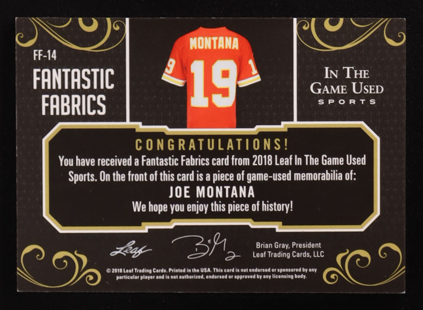 Joe Montana 2018 ITG Used Sports Fantastic Fabrics Magenta #FF14 #3/4 at PristineAuction.com Joe Montana 2018 ITG Used Sports Fantastic Fabrics Magenta #FF14 #3/4 at PristineAuction.com