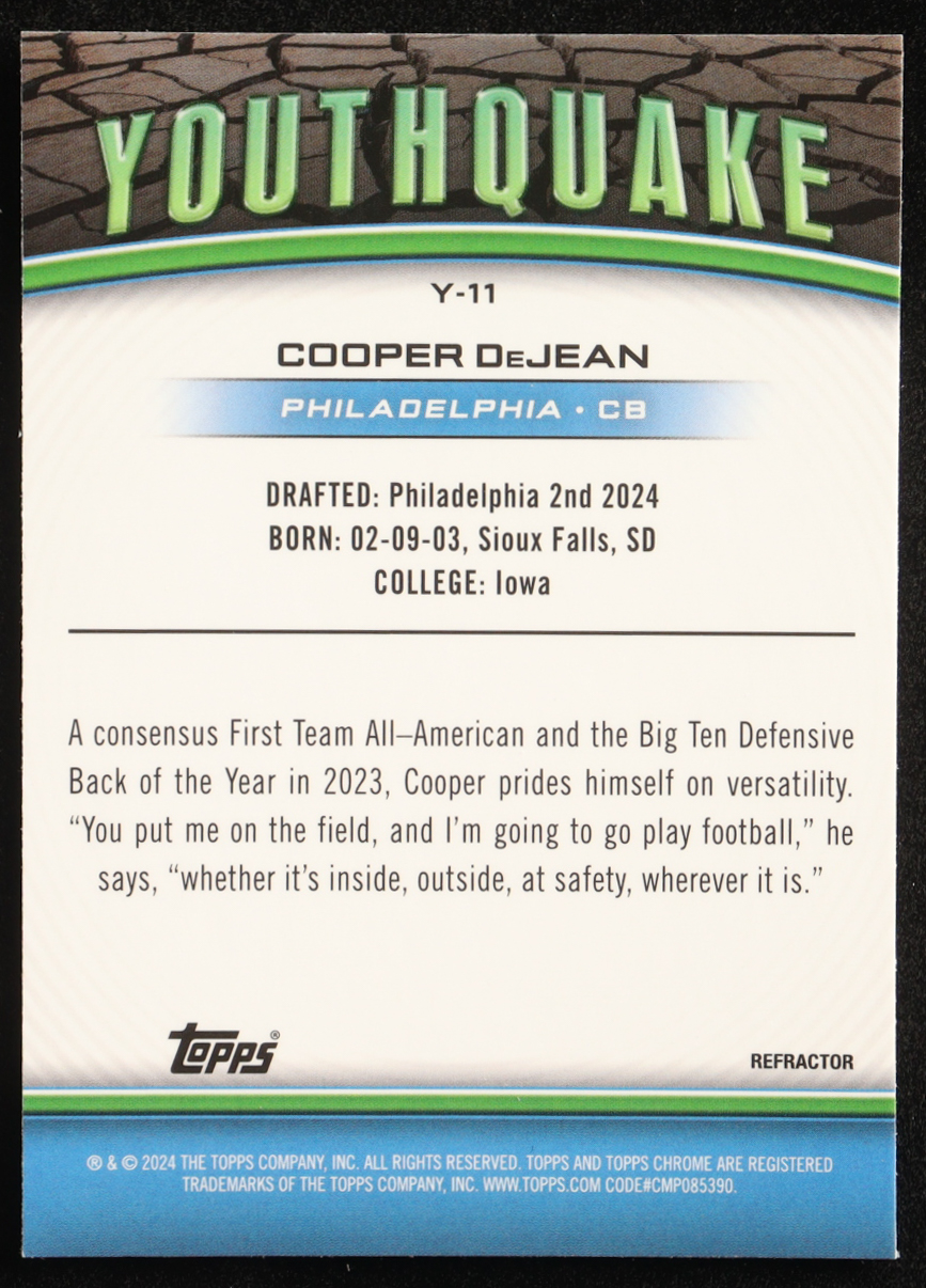 Cooper DeJean 2024 Topps Chrome Youthquake Refractors #Y11 RC at PristineAuction.com Cooper DeJean 2024 Topps Chrome Youthquake Refractors #Y11 RC at PristineAuction.com
