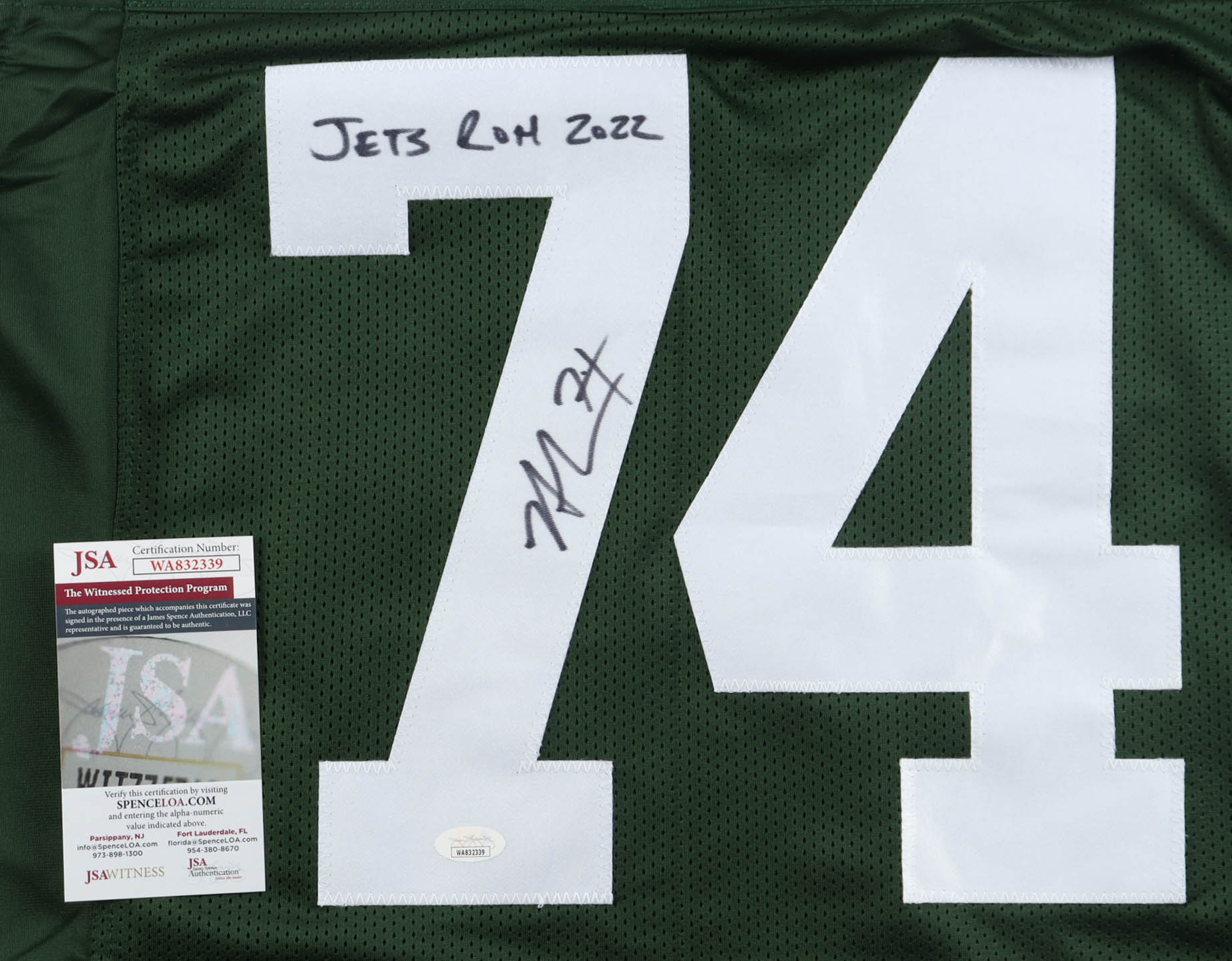 Nick Mangold Signed Jersey Inscribed "JETS ROH 2022" (JSA) at PristineAuction.com Nick Mangold Signed Jersey Inscribed "JETS ROH 2022" (JSA) at PristineAuction.com