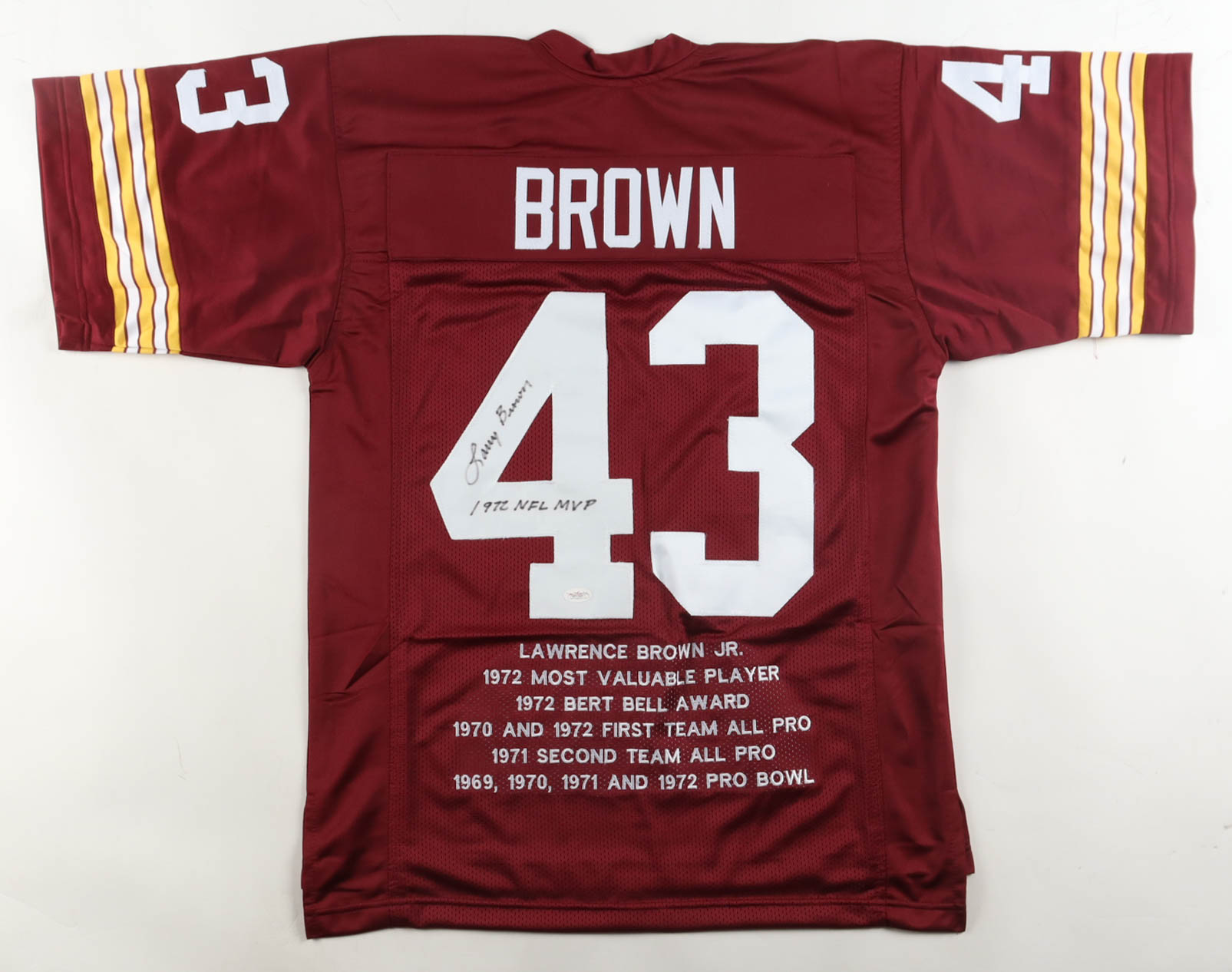 Larry Brown Signed Career Highlight Stat Jersey Inscribed "1972 NFL MVP" (JSA) at PristineAuction.com Larry Brown Signed Career Highlight Stat Jersey Inscribed "1972 NFL MVP" (JSA) at PristineAuction.com