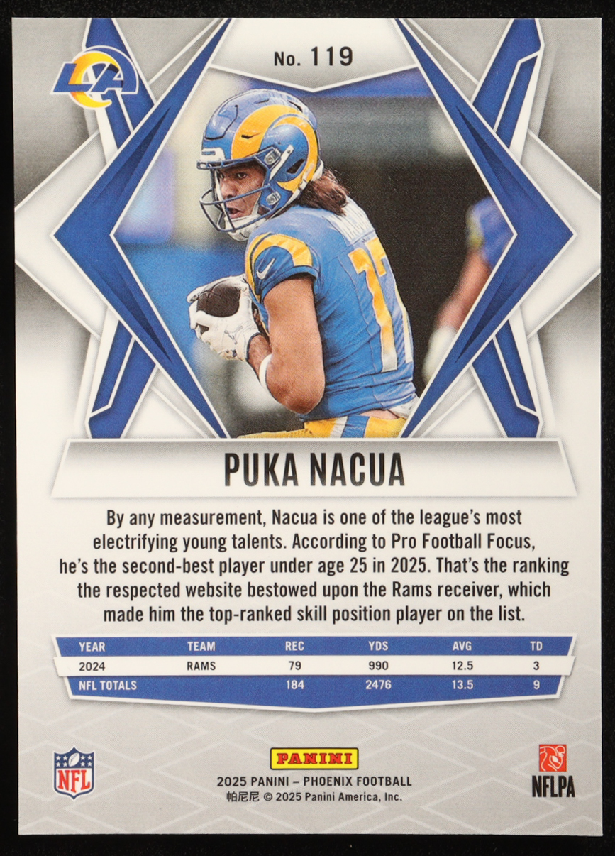 Puka Nacua 2025 Panini Phoenix Silver Lava #119 at PristineAuction.com Puka Nacua 2025 Panini Phoenix Silver Lava #119 at PristineAuction.com