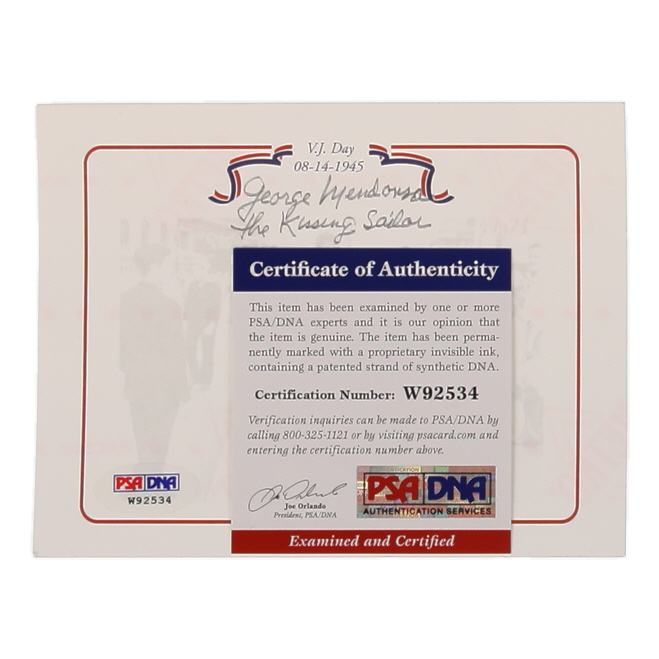 George Mendonsa Signed LE 4.25x5.5 "V.J. Day" Cut Inscribed "The Kissing Sailor" (PSA) at PristineAuction.com George Mendonsa Signed LE 4.25x5.5 "V.J. Day" Cut Inscribed "The Kissing Sailor" (PSA) at PristineAuction.com