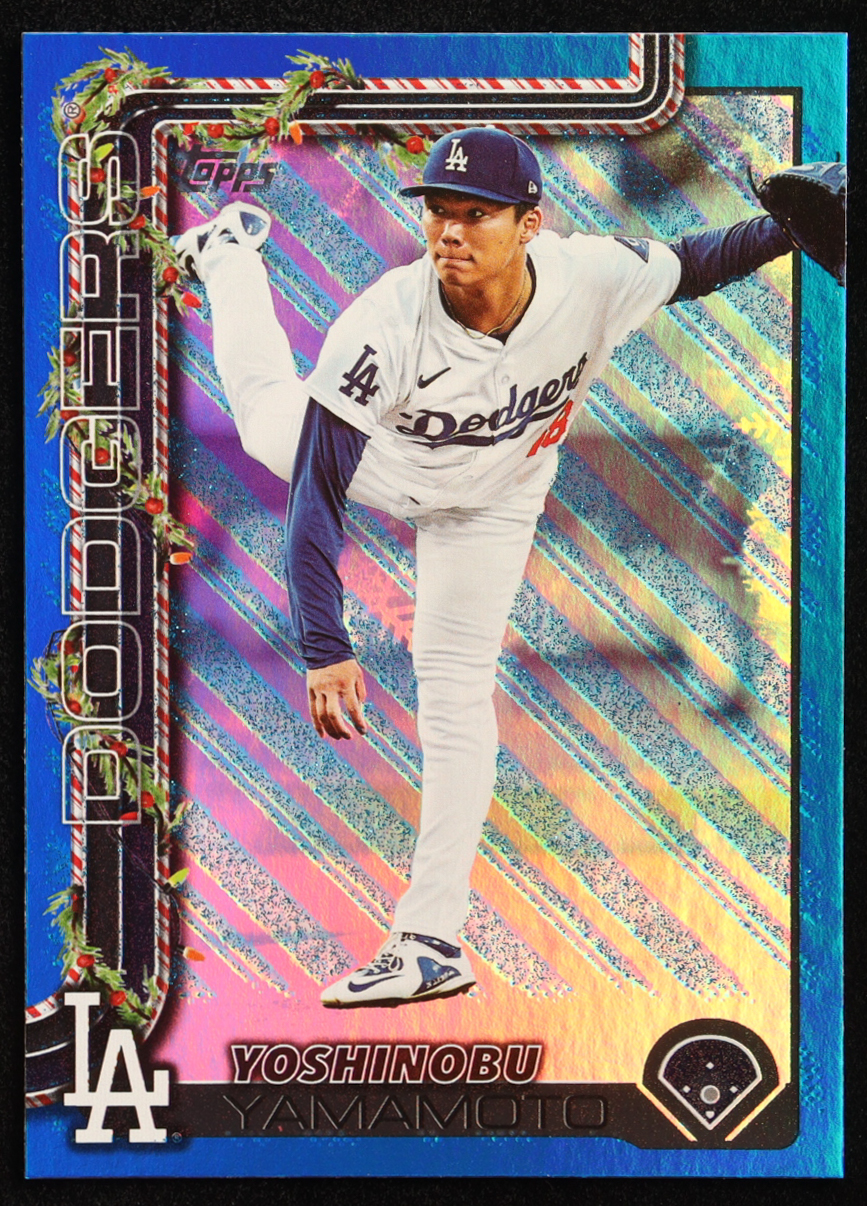 Yoshinobu Yamamoto 2025 Topps Holiday Metallic Blue Glitter #H159 at PristineAuction.com Yoshinobu Yamamoto 2025 Topps Holiday Metallic Blue Glitter #H159 at PristineAuction.com